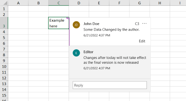 Comment reply shows Editor responding to John Doe, timestamp and message 'Changes after today will not take effect as the final version is now released'