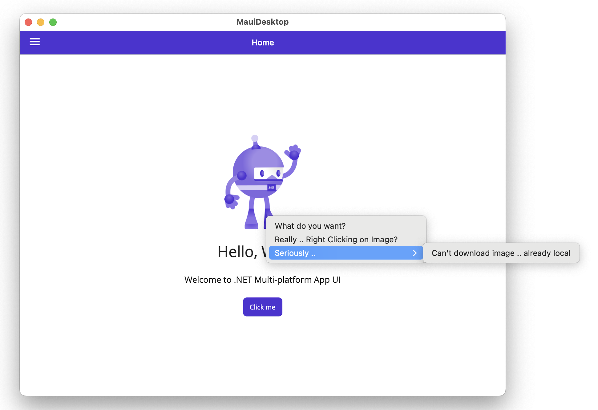 Context menu from right-clicking dotnet bot image has options what do you want, really right clicking on image, and Seriously, which is opened to can't download image.. already local