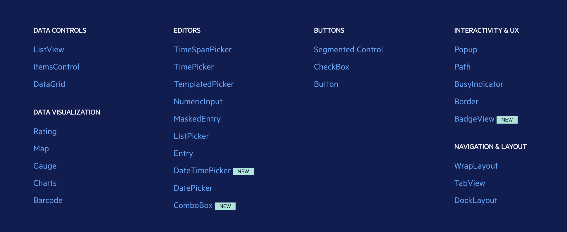 Telerik UI for .NET MAUI 
             components list