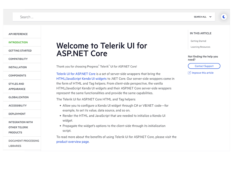 Dark Mode in Telerik UI for ASP.NET Core Documentation