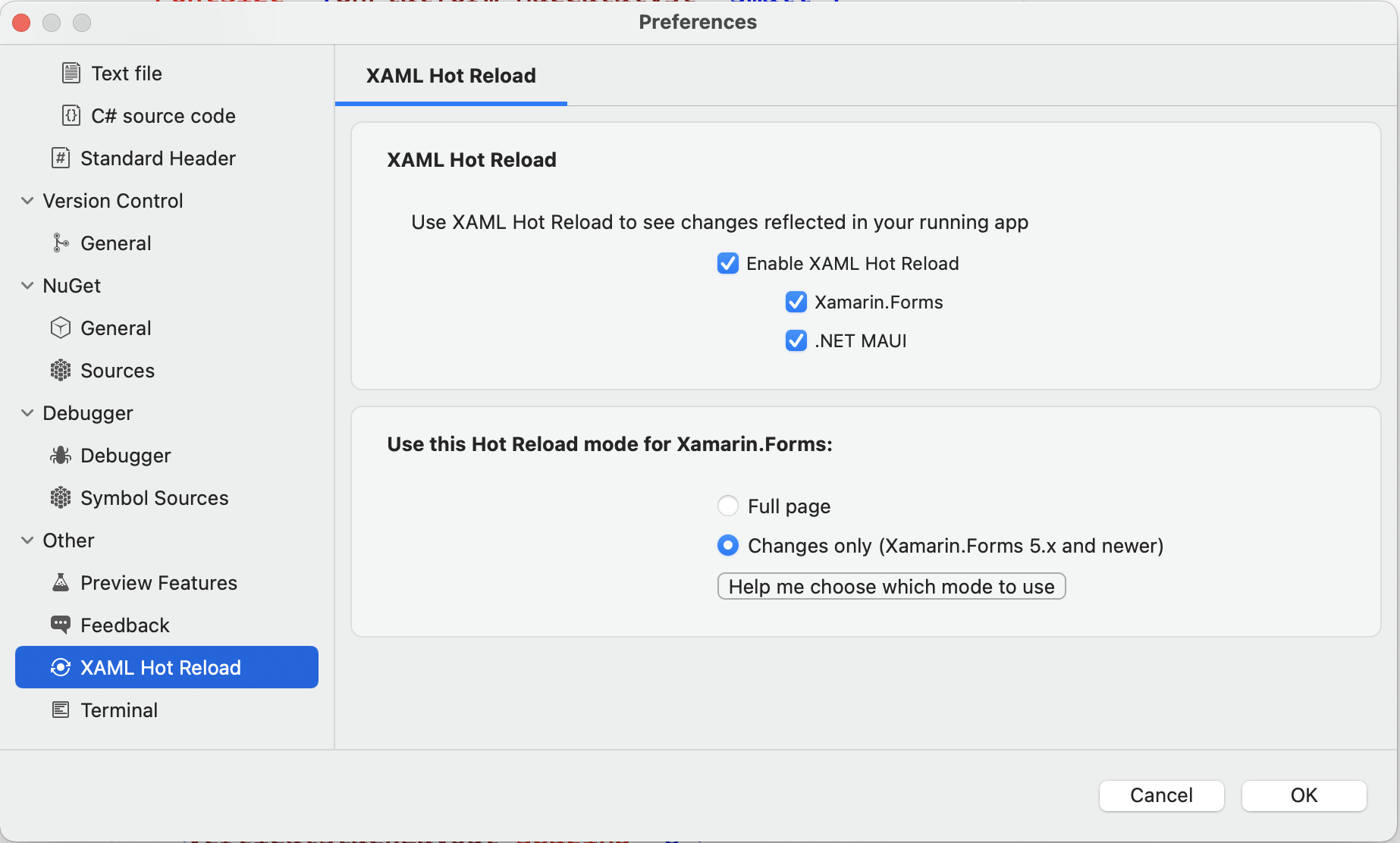 XAML Hot Reload settings in VS