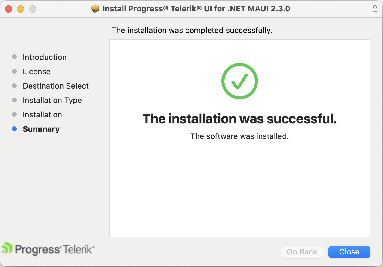 Screencap of successful install of Telerik UI for .NET MAUI 2.3.0