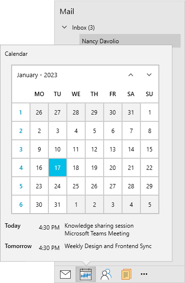 Hovering over the calendar icon brings up a popup preview of the calendar.