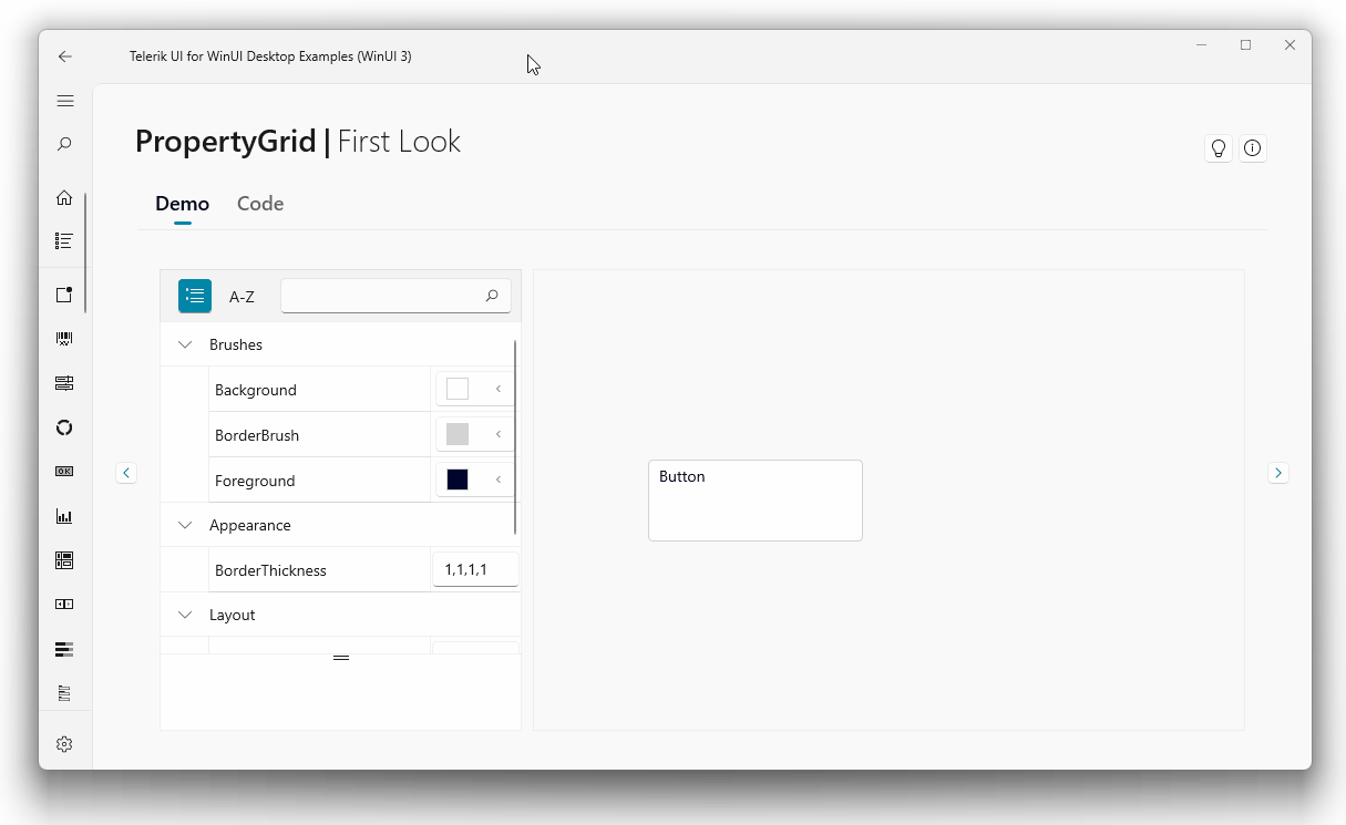 PropertyGrid showing that group button collects properties into categories, sort button lists all properties alphabetically, and search box allows user to type in a property, pulling up possible matches filtering with each letter