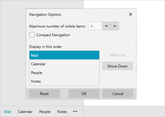 Navigation options has maximum number of visible items set to 4, display in this order...