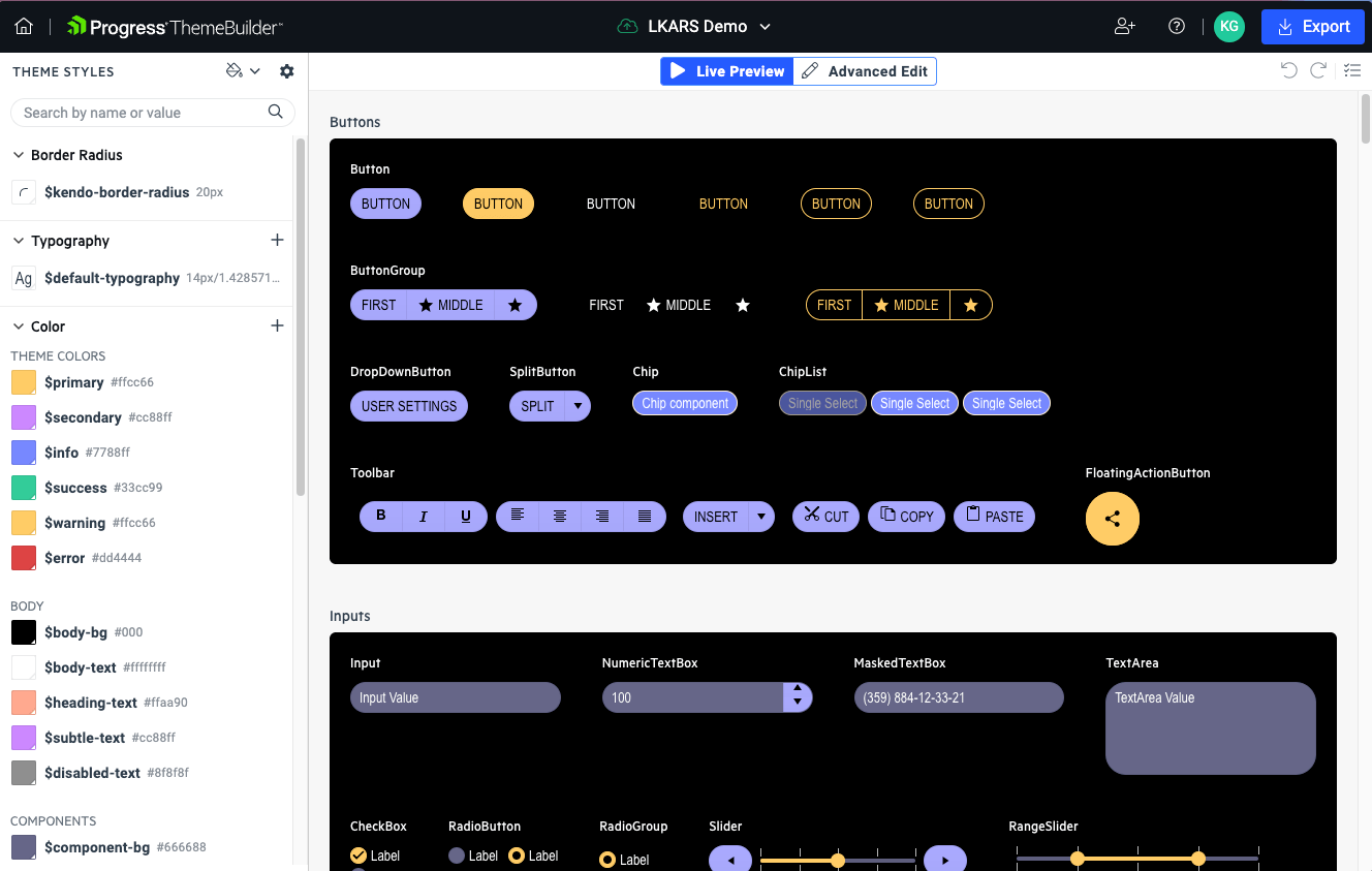 A screenshot showing the ThemeBuilder Pro being used to create a highly-customized theme for KendoReact components.