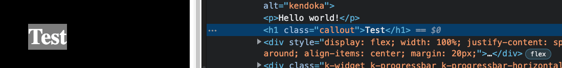 On the left side, we see the browser output of the word Test in H1. On the right side, we see the code, using the inspect tool, showing the following: h1 class=