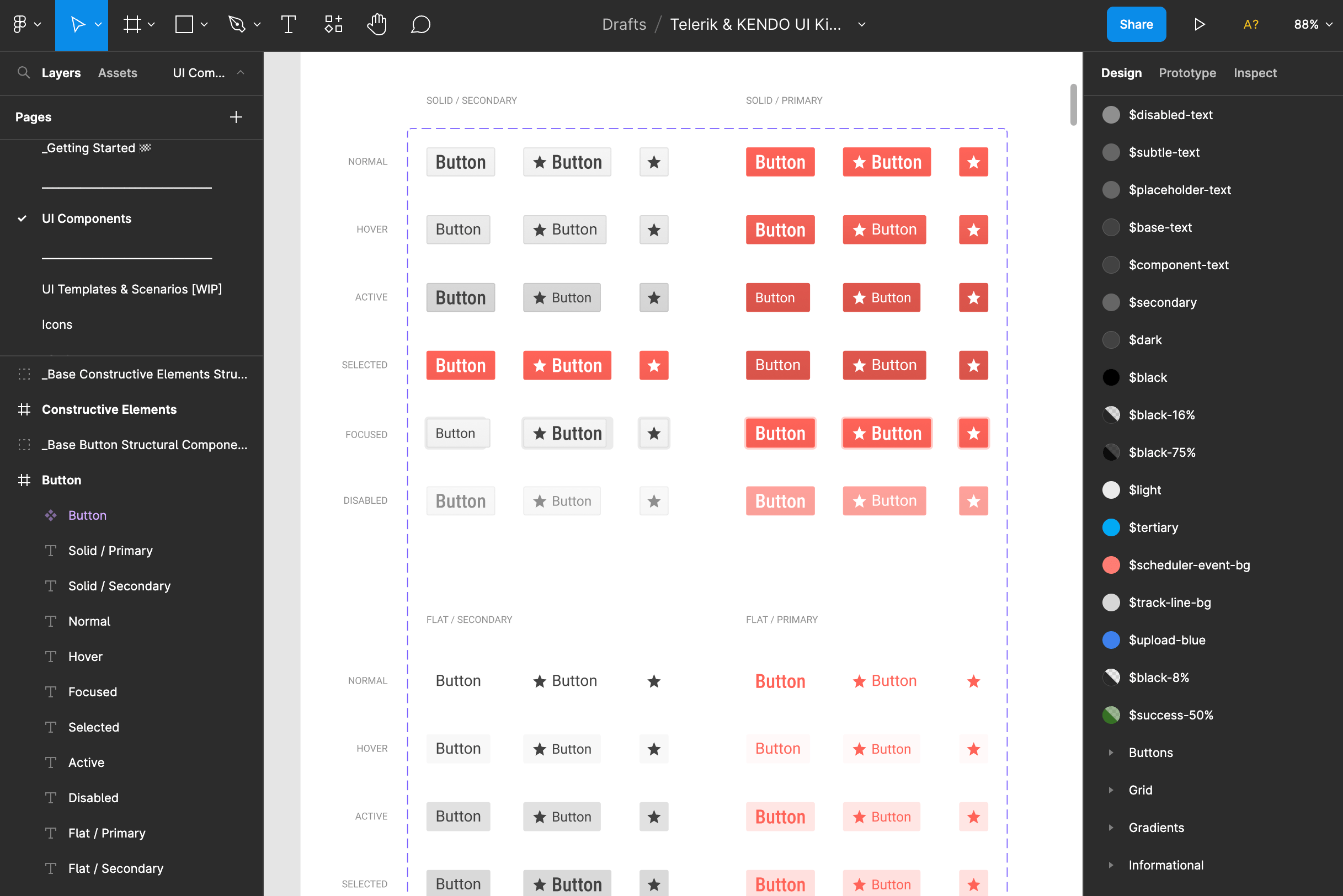 A screenshot of the Kendo UI Figma Kits open in Figma. The buttons are currently displayed in the Kendo Default style. 