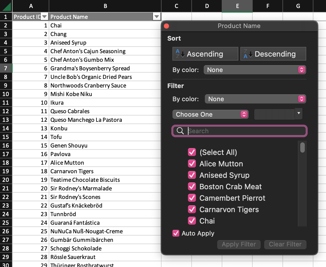 A screenshot from Excel, showing the filter option enabled for a column with the filtering dialog box open 