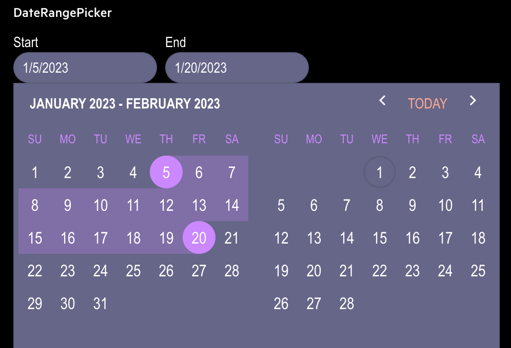 The DateRangePicker with a unique color theme including black baground, purplish gray calendar, fuschia highlights, and white text