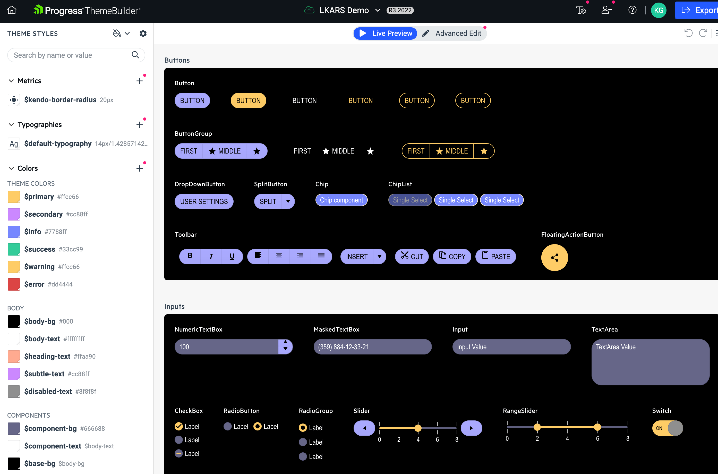 A screenshot of the ThemeBuilder in use, with the LKARS design system applied to all the components in the Live Preview panel.