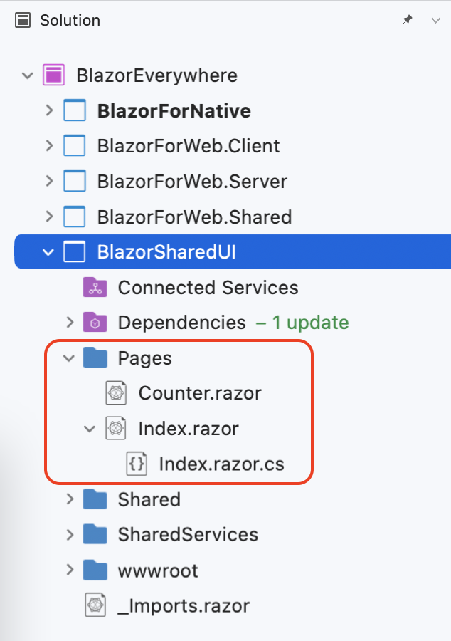 Circled under BlazorSharedUI Pages with Counter.razor and Index.razor, which contains Index.razor.cs