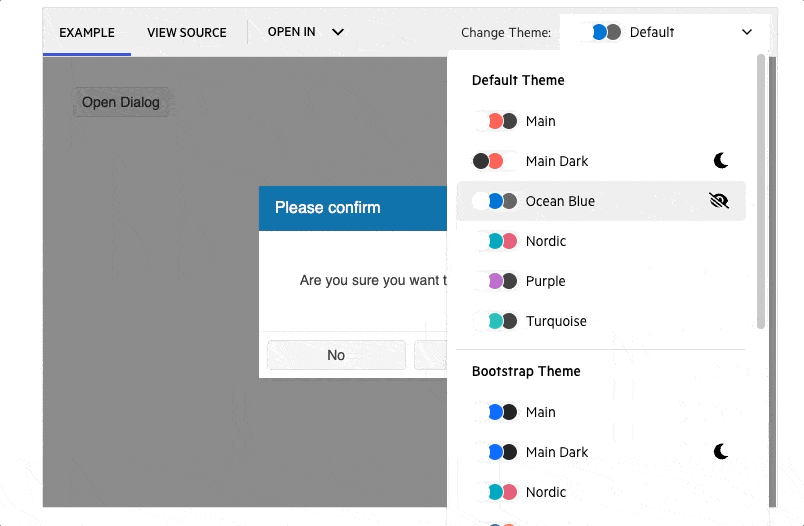 A gif showing a user toggling between different Swatches and seeing them applied on a dialog box component.