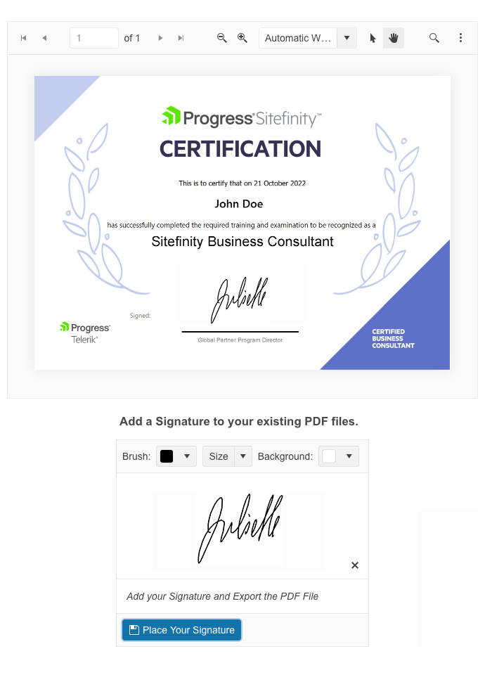 Telerik UI for ASP.NET Core Signature Component PFDFileSignature
