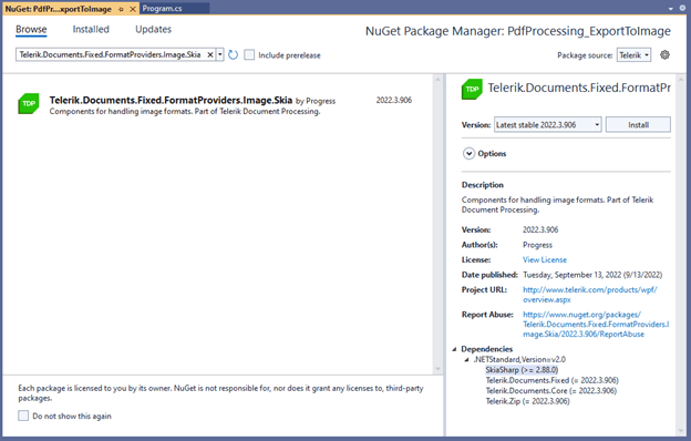 Telerik.Documents.Fixed.FormatProviders.Image.Skia NuGet package in Visual Studio NuGet Manager