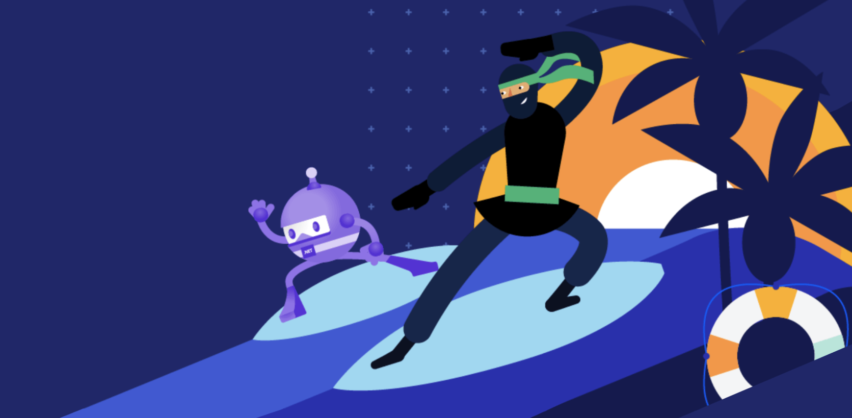 illustration of the Telerik Ninja surfing with .NET MAUI mascot