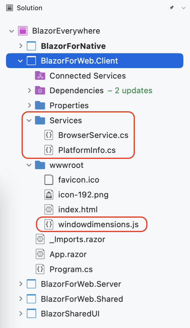 Circled under BlazorForWeb.Client are Services with BrowserService.cs and PlatformInfo.cs, and WindowDimension.js under wwwroot