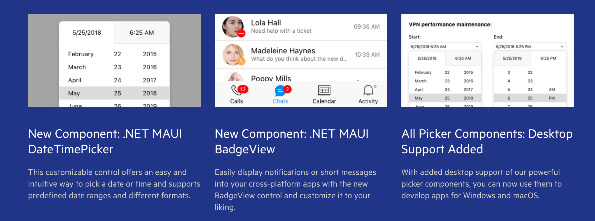 New components in Telerik UI for .NET MAUI include DateTimePicker, BadgeView, and desktop support for all picker components