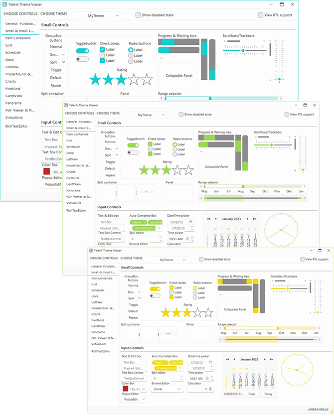 Three versions of an app with highlights in teal, green and yellow