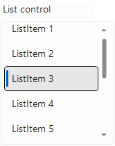 In a list of items, the currently highlighted one has a light gray background instead of just white, and the border is darker with rounded corners. To the left of the name ListItem 3 is a vertical blue line