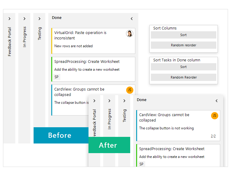 WinForms Taskboard control displaying Sorting by Tasks and Columns
