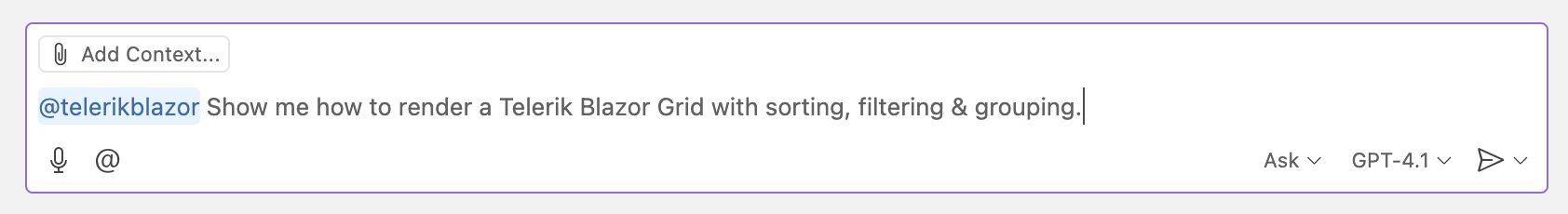 prompt reads: @telerikblazor show me how to render a Telerik Blazor Grid with sorting, filtering and grouping