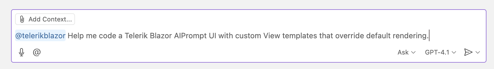 prompt reads: @telerikblazor help me code a Telerik Blazor AIPrompt UI with custom View templats that override default rendering