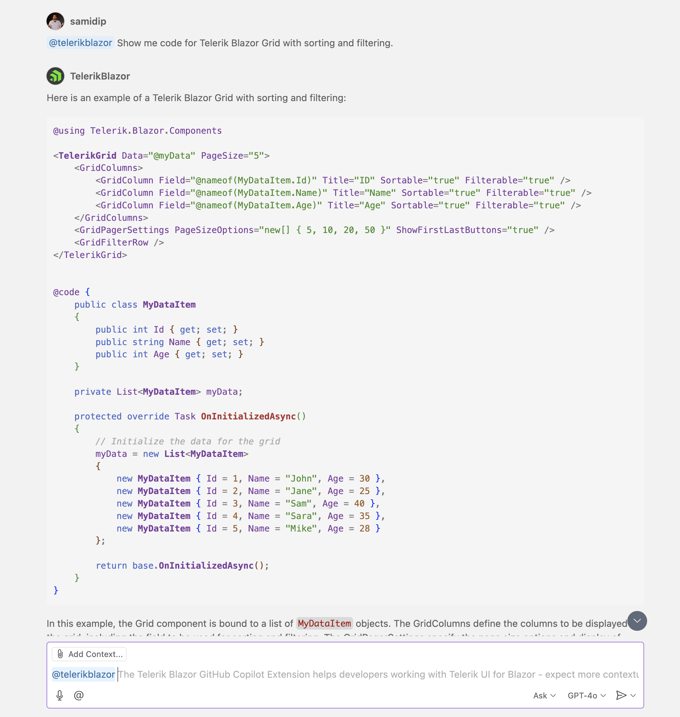 GitHub Copilot Ask mode with telerikblazor