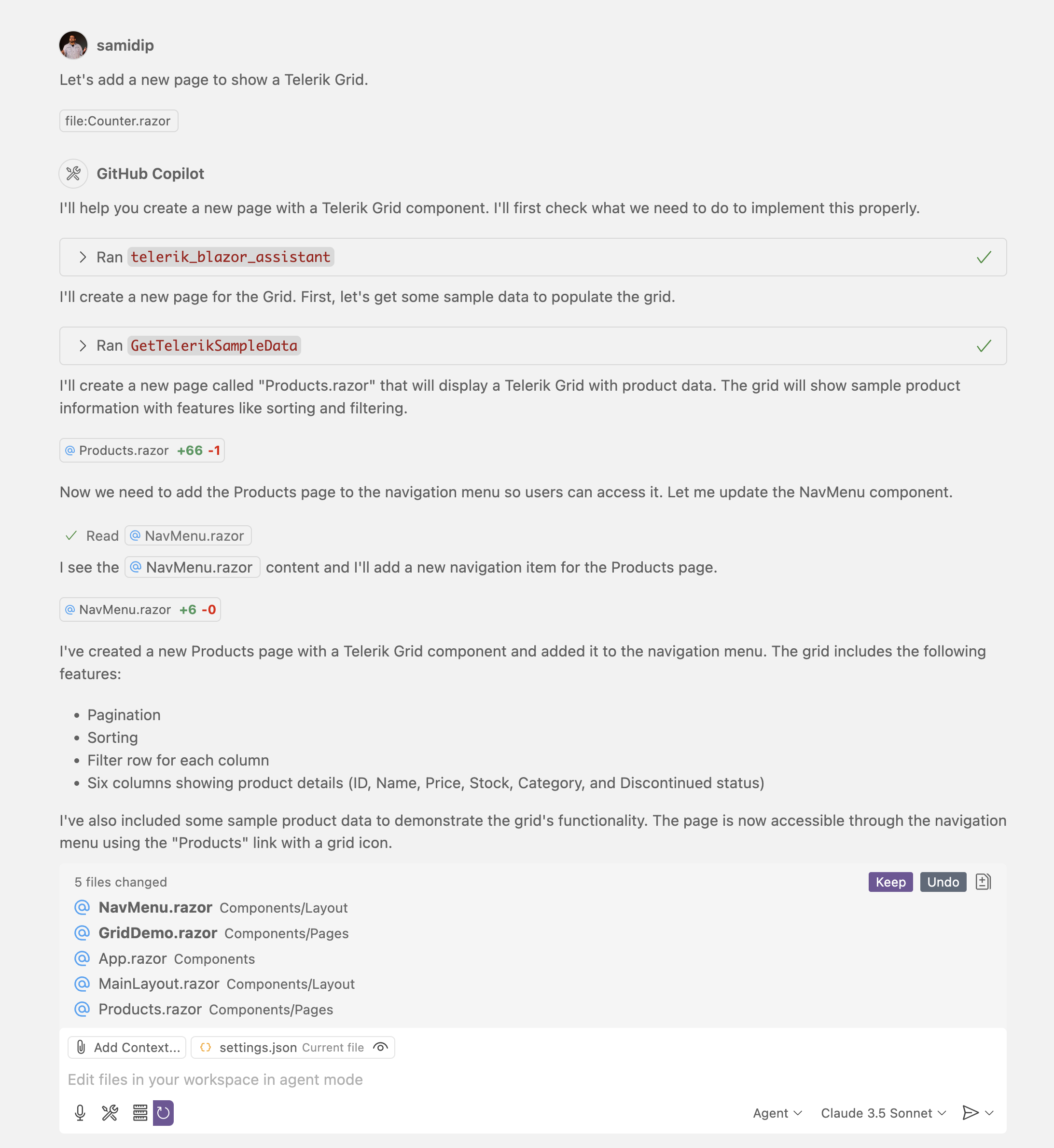 Let's add a new page to show a Telerik Grid. GitHub Copilot proceeds and walks the developer through the steps it is taking