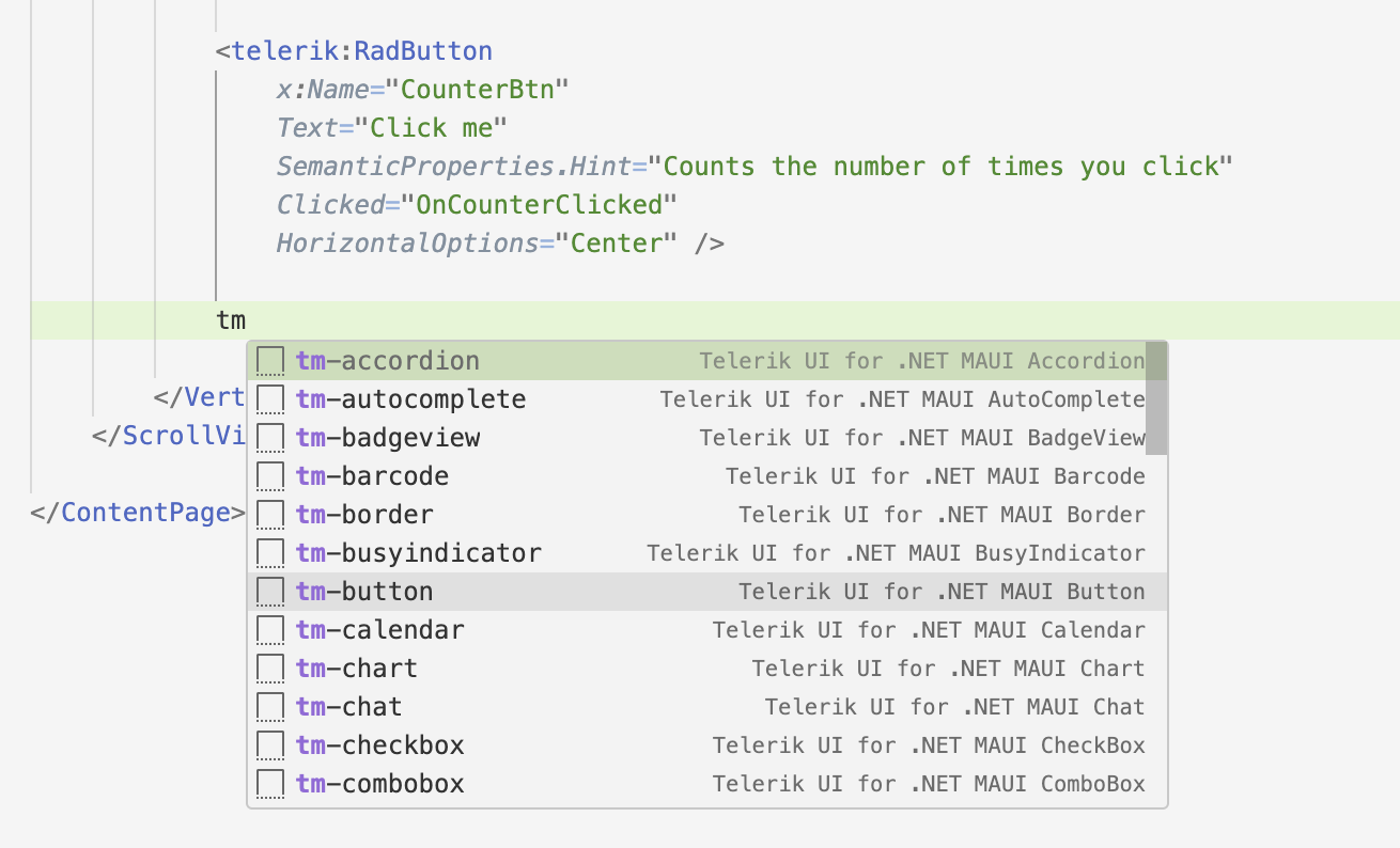 tm brings up list of shortcuts like tm-accordion, tm-autocomplete, etc.