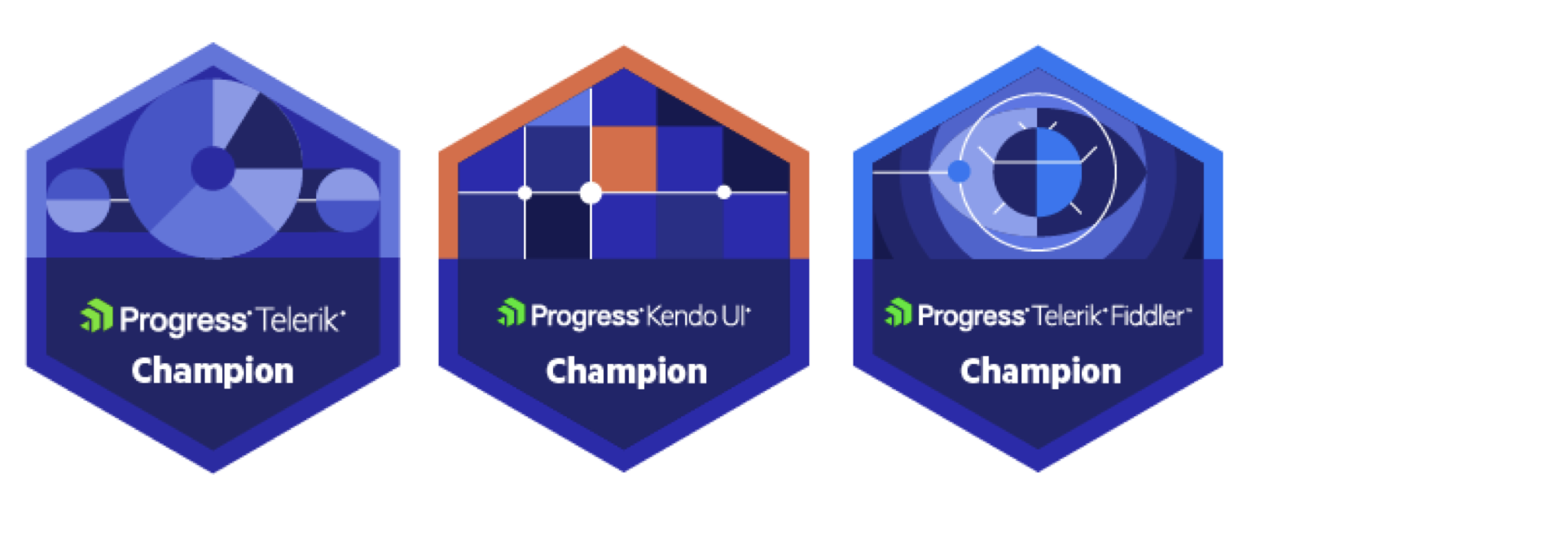 Badges for Progress Telerik Champion, Progress Kendo UI Champion and Progress Fiddler Champion