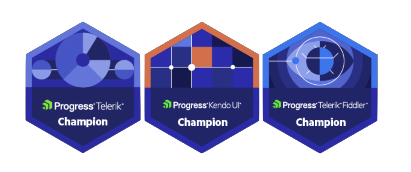 Progress Champions logos for Telerik, Kendo UI, Fiddler