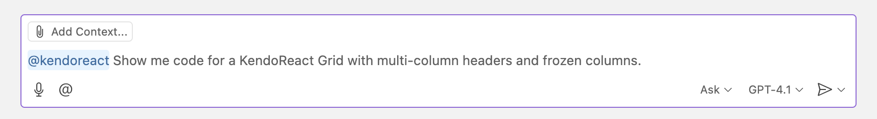 prompt reads: @kendoreact show me code for a KendoReact Grid with multi-column headers and frozen columns