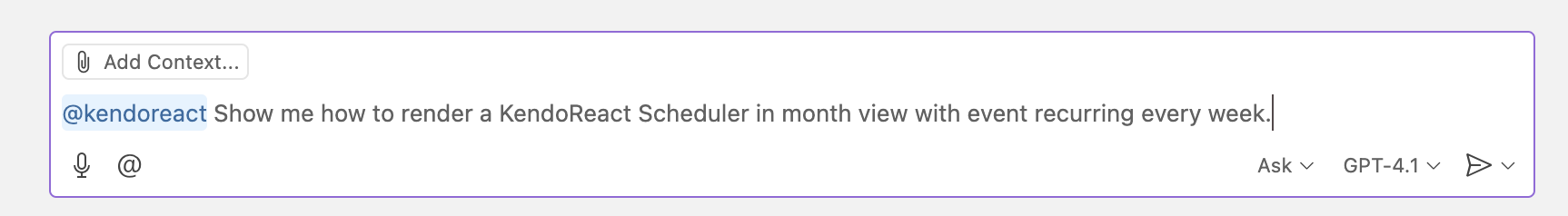 prompt reads: @kendoreact show me how to render a KendoReact Scheduler in month view with event recurring every week