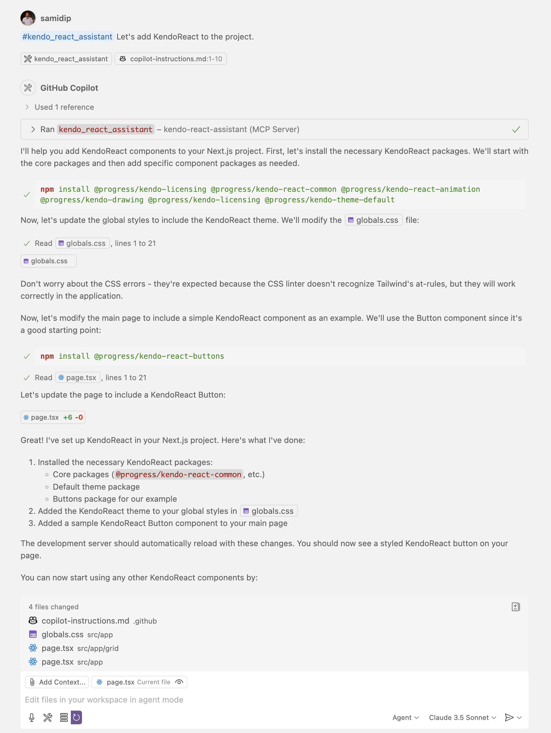 Let's add KendoReact to the project. And GitHub Copilot proceeds and walks the developer through the steps it is taking