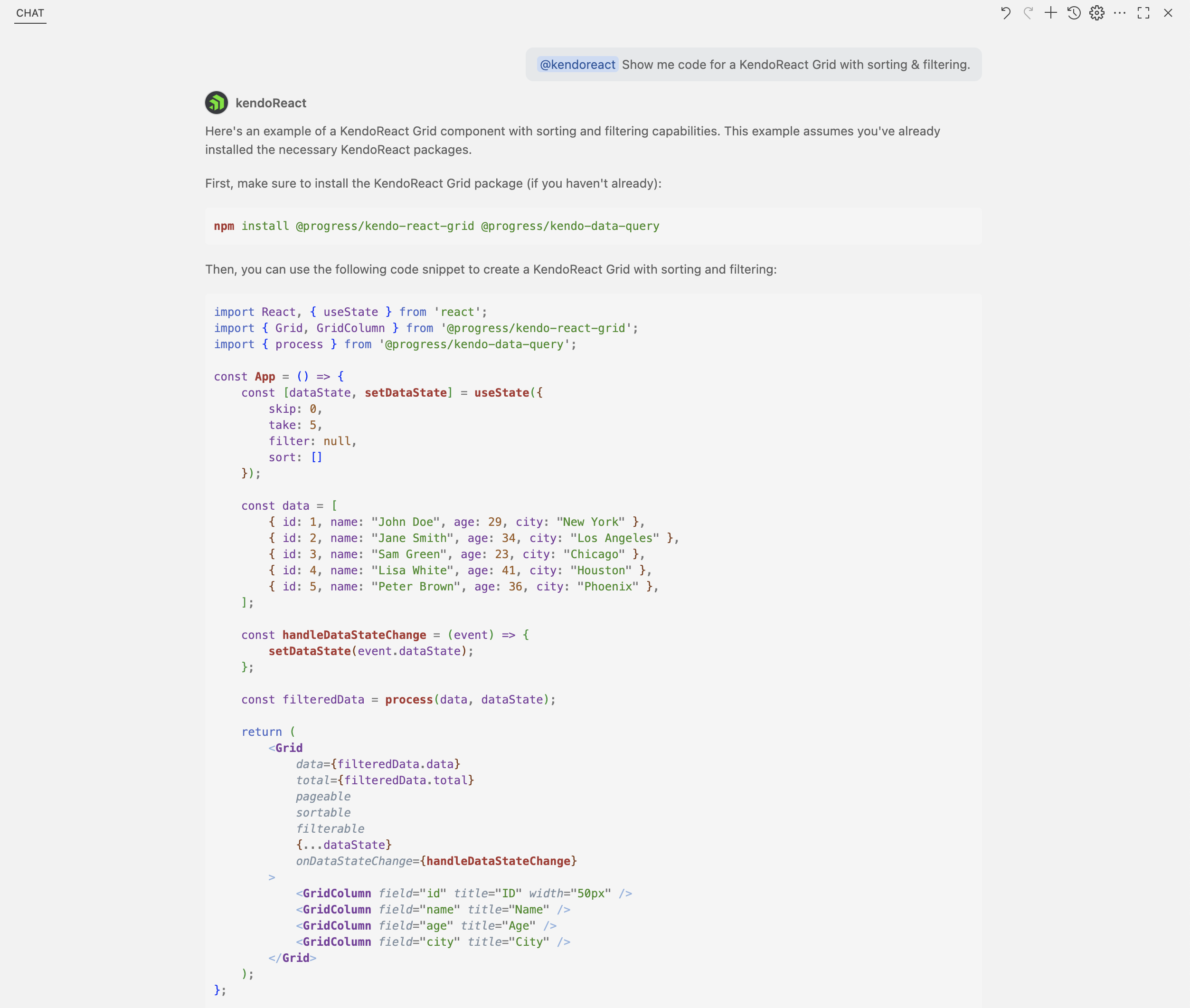 KendoReact AI Code Assistant responding to prompt: Show me code for a KendoReact Grid with sorting and filtering