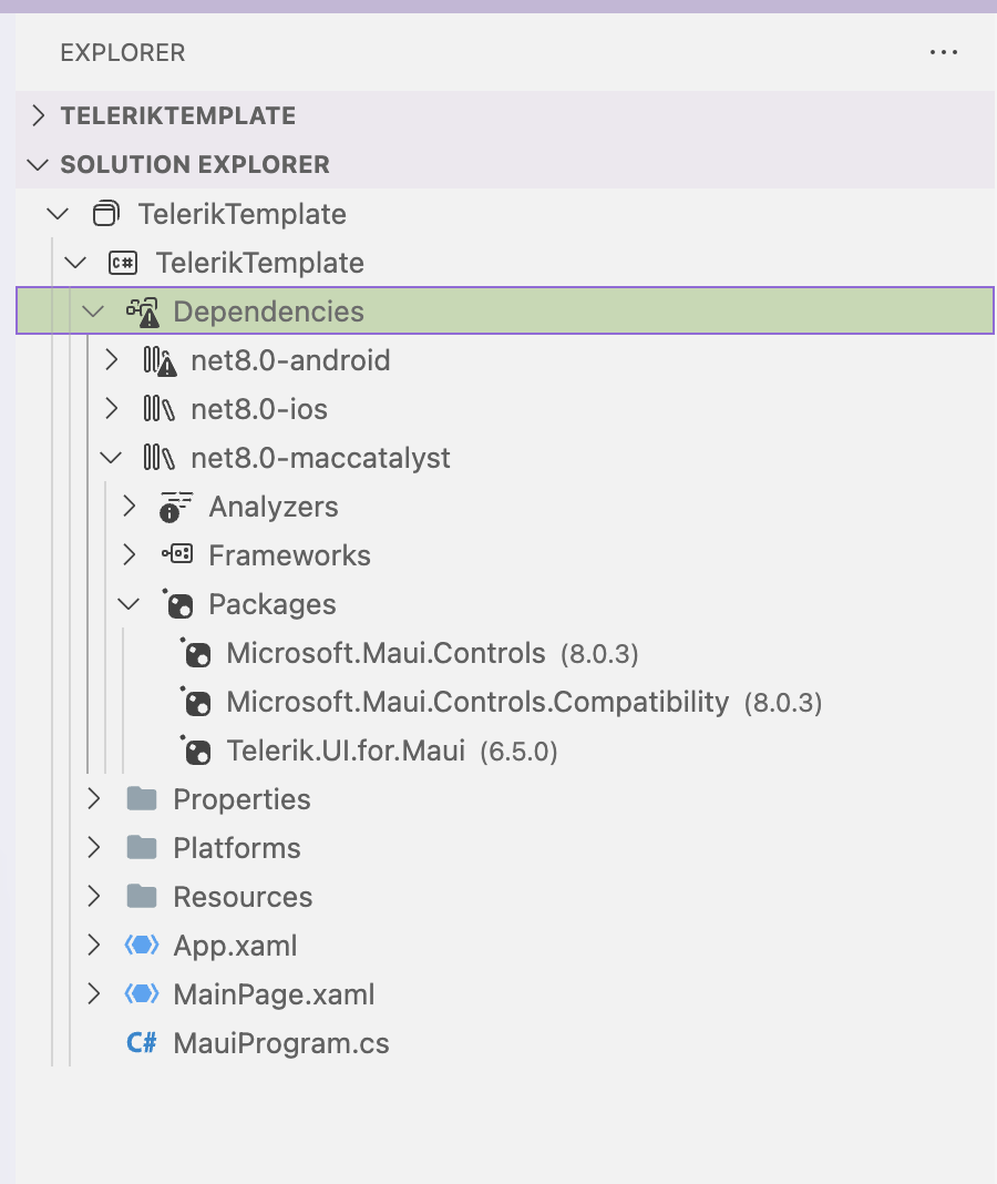 In the solution explorer - teleriktemplate - dependencies folder are packages for MAUI including Telerik UI for Maui