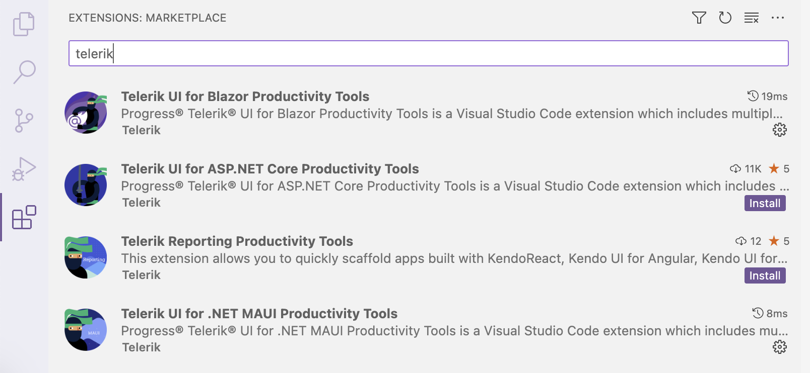 Marketplace screenshot with Telerik VS Code Extensions for Blazor, ASP.NET Core, Reporting, .NET MAUI productivity
