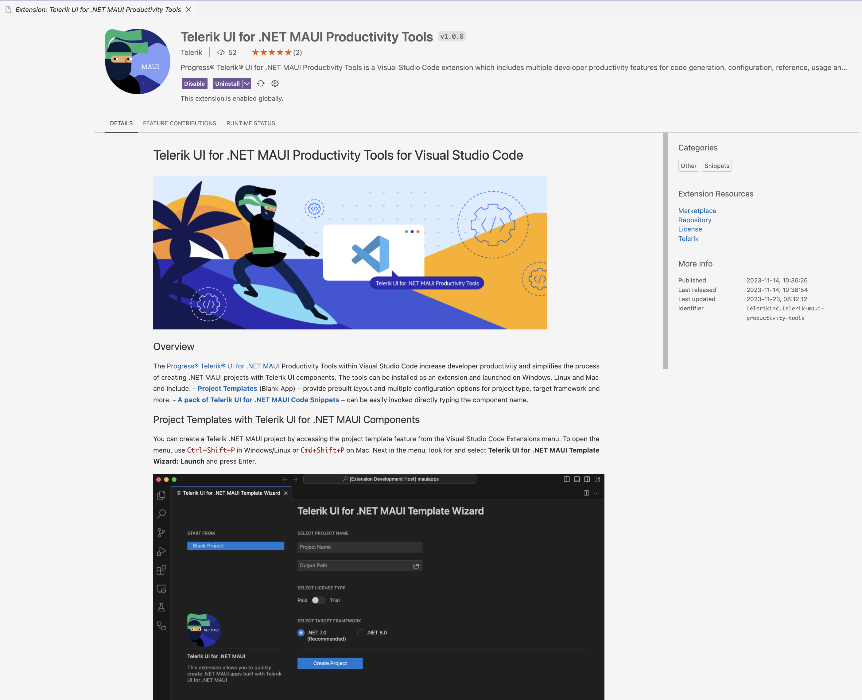 Screenshot of the Telerik UI for .NET MAUI Productivity Tools extension in VS Code Marketplace