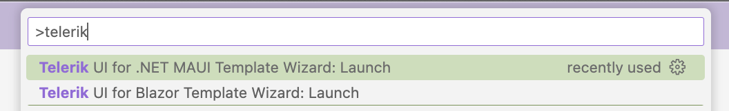 screenshot with Telerik being typed into the command palette search field