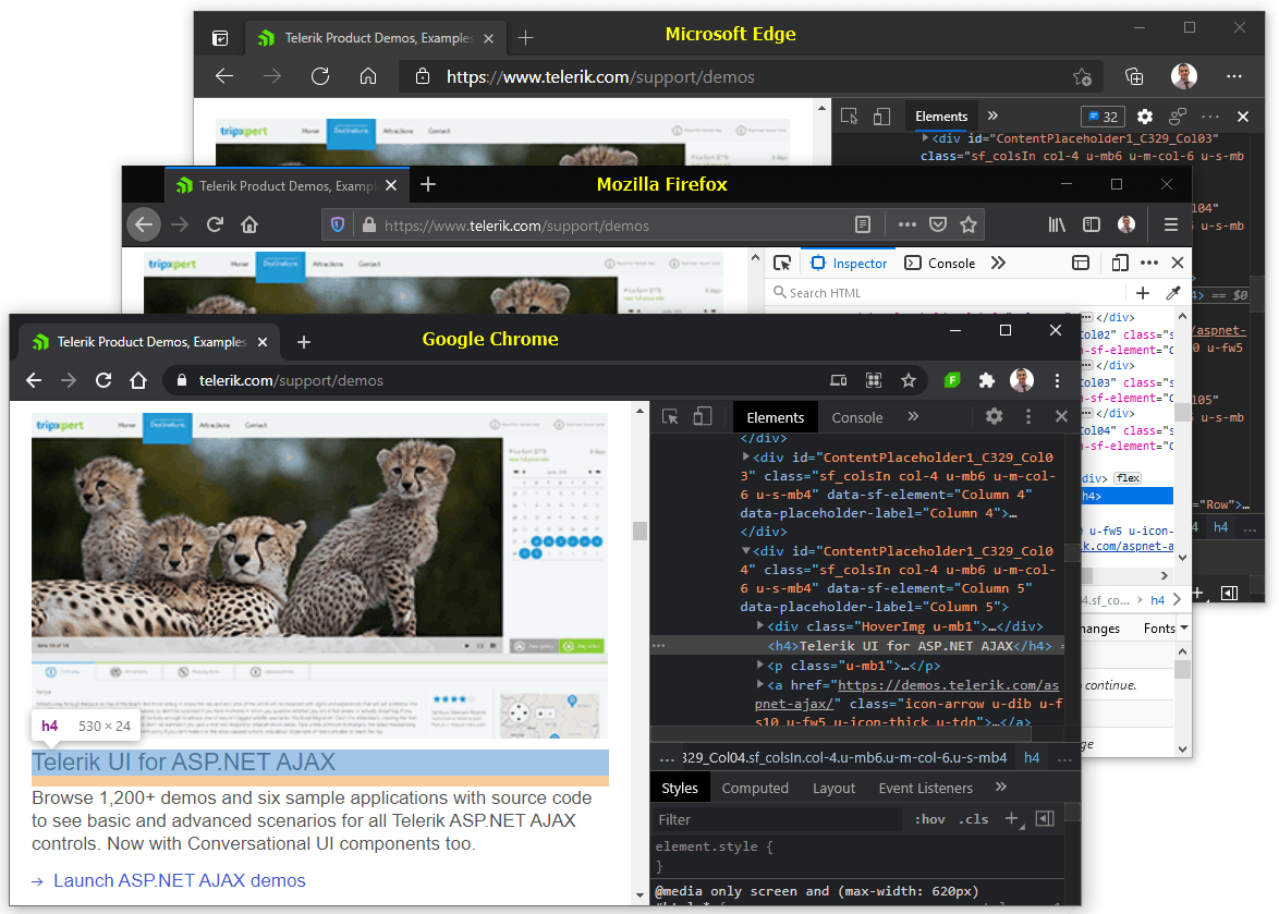 DevTools of Browsers - three different browser windows with DevTools open: Microsoft Edge, Mozilla Firefox, Chrome