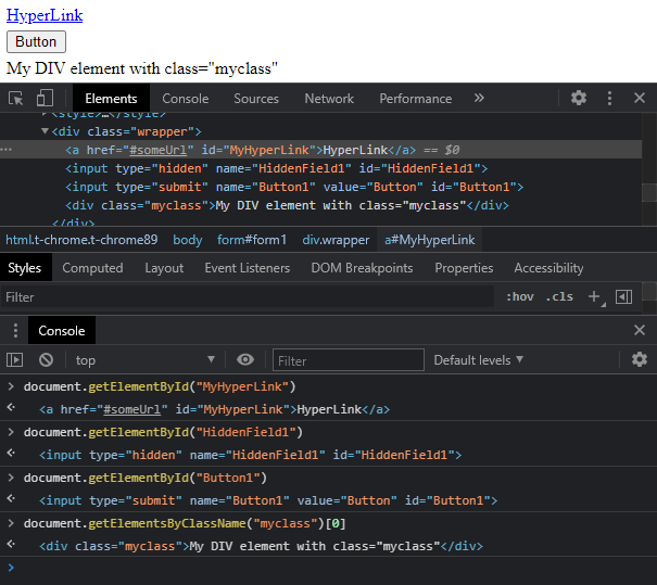 Reference HTML Elements. Above the DevTools is text showing a hyperlinked 'HyperLink', then a button labeled 'Button' and then 'My DIV element with class=