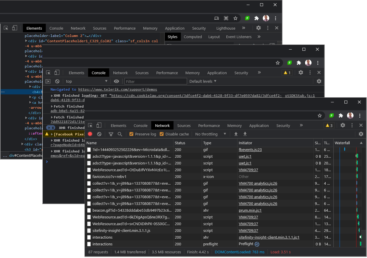 Three browser windows open to different tabs of DevTools: Elemencts, Console, Network