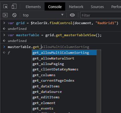 IntelliSense in DevTools. In a Console window, the developer is typing masterTable.get_ and a list of predicted text is shown listing options to finish the name