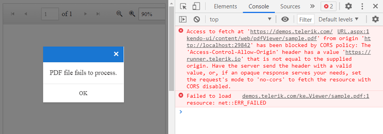 Error window says 'PDF fails to process.' and the Console shows 'Access to fetch [URL] from origin [localhost] has been blocked by CORS policy...'