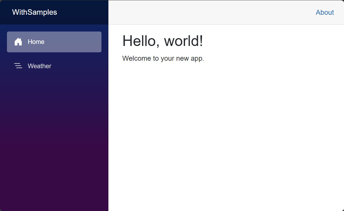 A sample Blazor application running in the browser, displaying a Hello, world