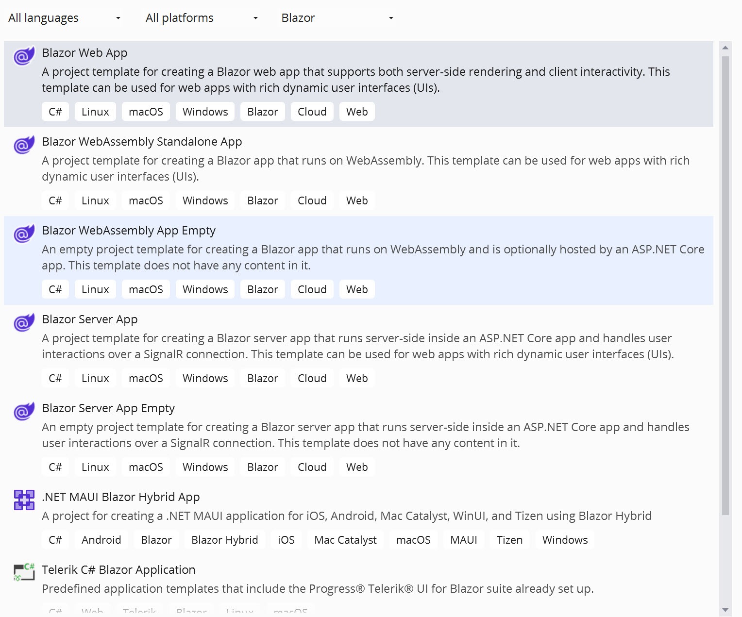 All available Blazor templates listed in Visual Studio