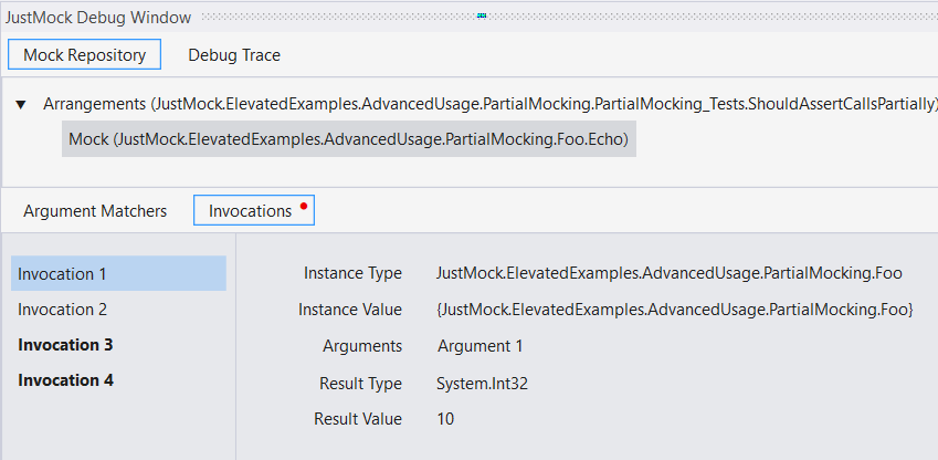 DebugWindow Notifications. Invocations tab shows Invocation 1, Invocation 2, and bold Invocations 3 and 4. The tab also has a red dot on it.