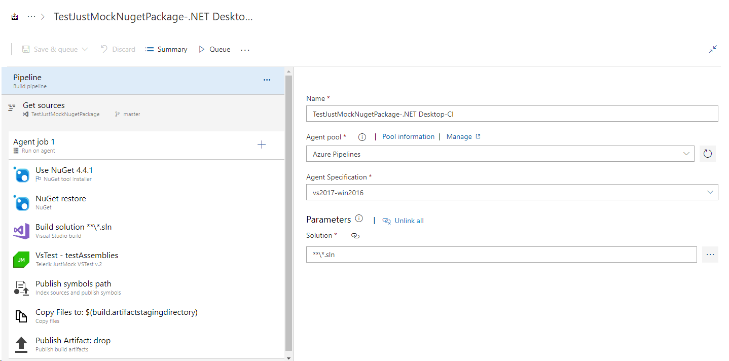 Sample pipeline Sample pipeline with JustMock v2 task