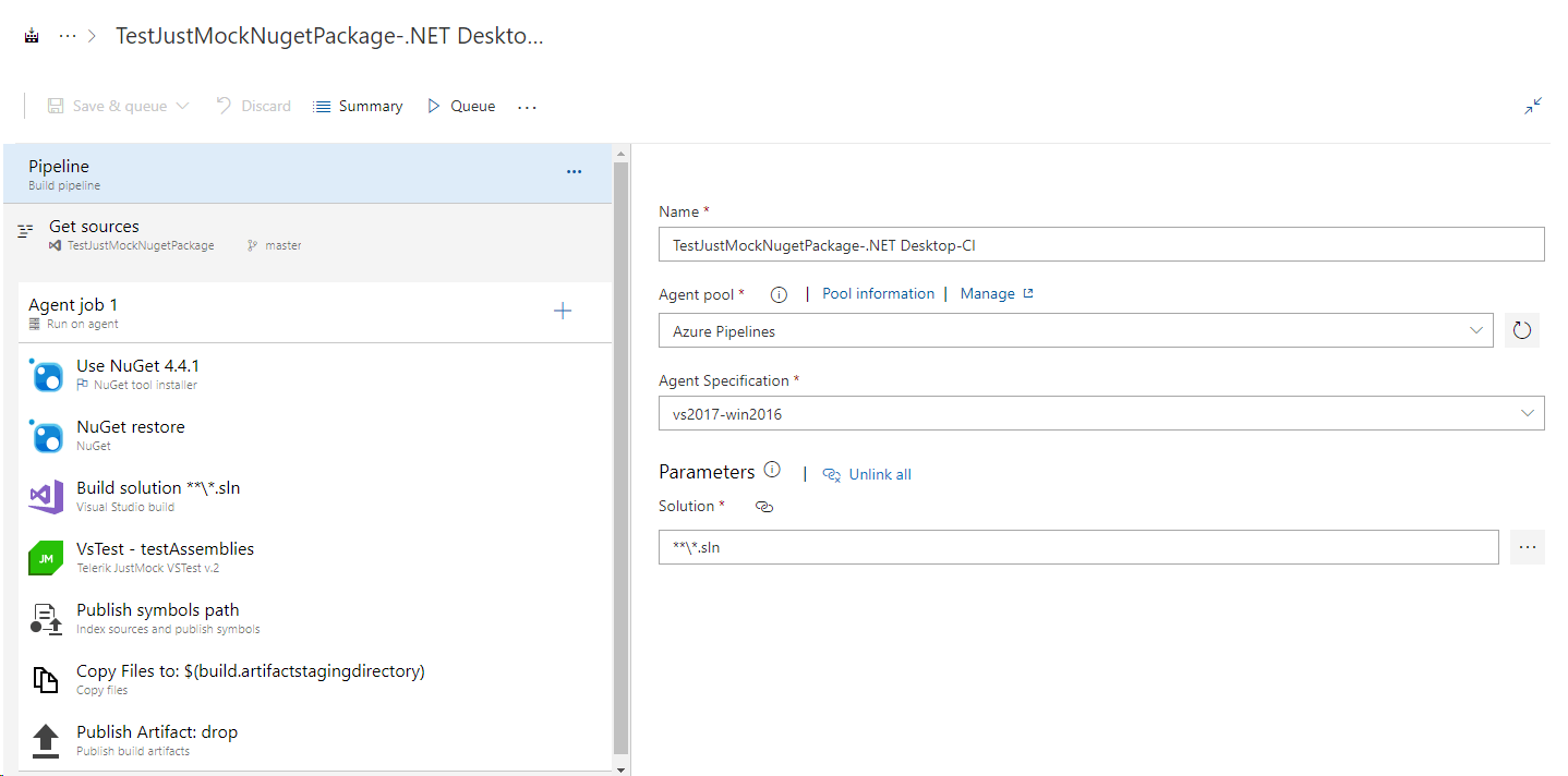 Sample pipeline with JustMock v2 task